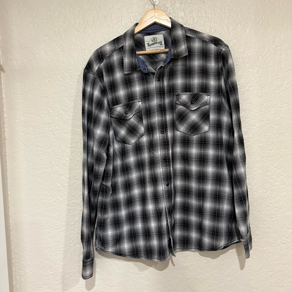 Roebuck & Co Black & Gray Plaid Long-Sleeve Button-Down Shirt Size XL